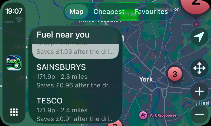 Pump Pence running on Apple CarPlay: a map of York with numbered price pins, and a list showing Sainsbury's at 171.9p saving £0.96 after the drive.