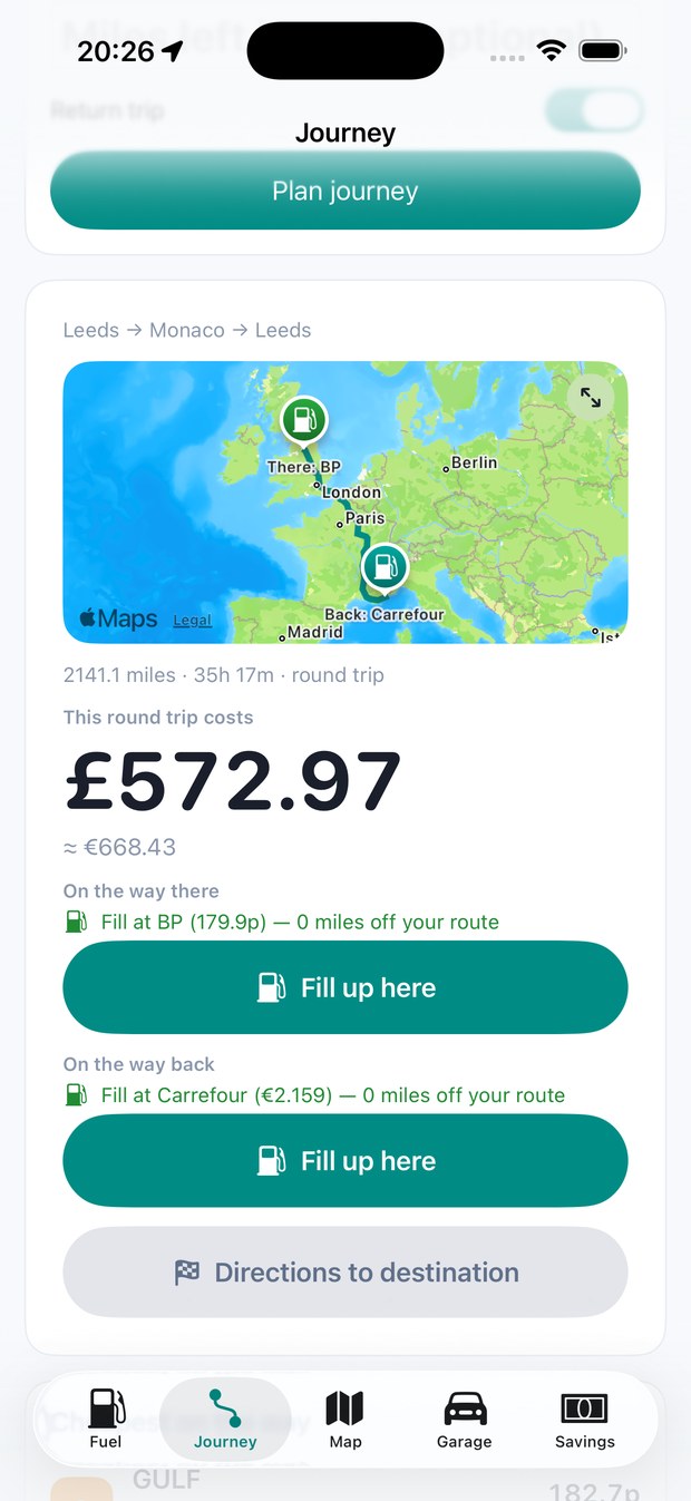 The Journey screen planning Leeds to Monaco and back: 2,141.1 miles, a round trip costing £572.97 or about €668.43, filling at BP on the way there and Carrefour at €2.159 on the way back.