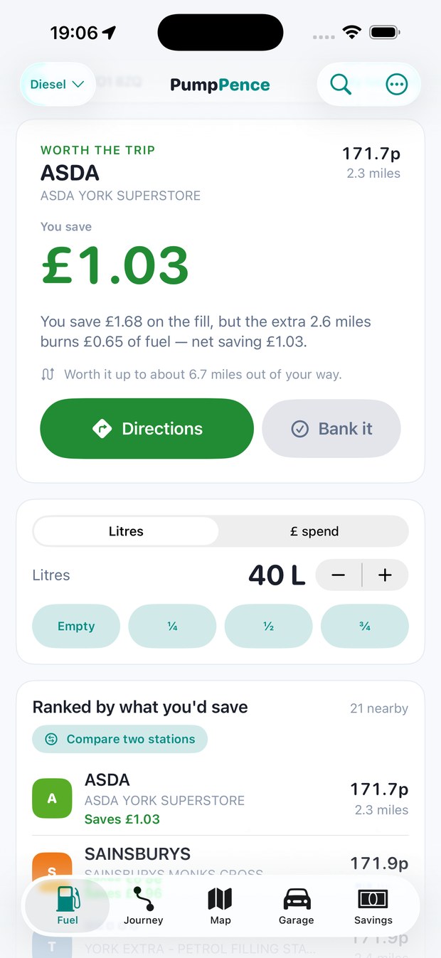 Pump Pence on iPhone: ASDA York, 171.7p, 2.3 miles away — you save £1.03 after the extra 2.6 miles of fuel is paid for.