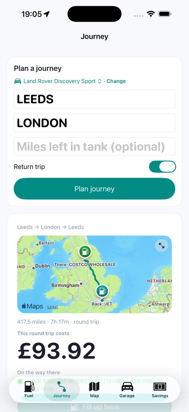 The Journey screen: Leeds to London and back, 417.5 miles, a round trip costing £93.92, with a station picked for the way there and the way back.