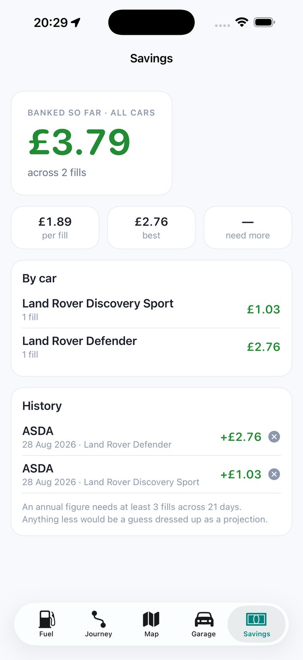 The Savings screen: £3.79 banked across 2 fills, broken down per car, with a note explaining an annual figure needs at least 3 fills across 21 days.